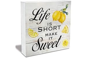 MAVOTEN Inspirational Quote Life is Short Make it Sweet Wood Box Sign Rustic Lemon Print Wooden Box Sign Farmhouse Home Kitchen Desk Shelf Decor (5 X 5 Inch)