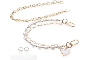 CMVFYL Pearl Beaded Phone Charm Wrist Strap,Cute Bracelet Wristlet Lanyard,Gold Double Chain for Phone Case,Purse Bag Wallet