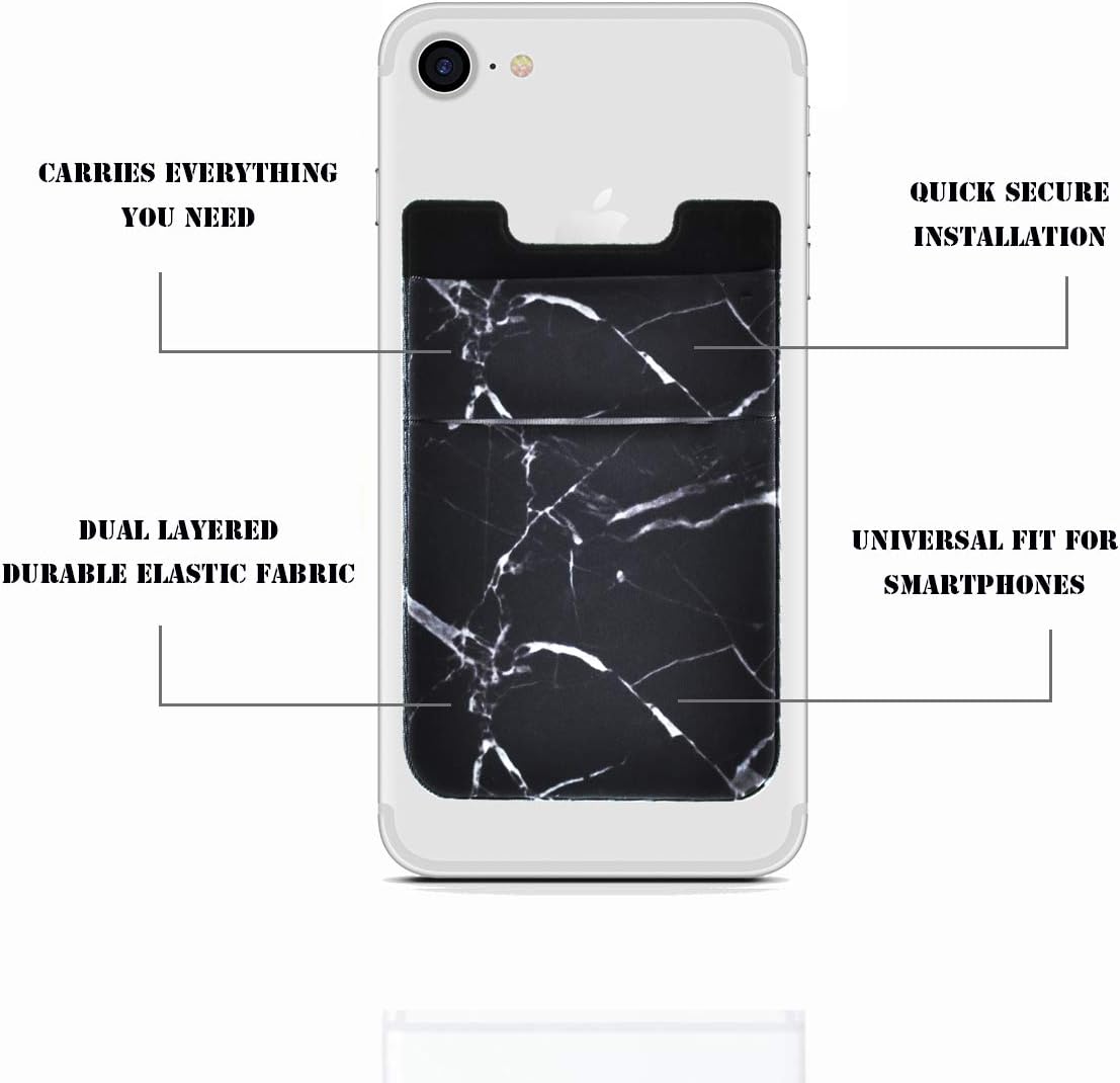 Newseego 2 Pack Cell Phone Card Wallet Stick on Wallet Card Holder Pocket Phone Pouch Expandable Case for Most Smartphones (White Marble and Black) - Image 3