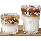 yaocoral Set of 2 Floral Drinking Glasses Flower Glass Coffee Cups Cute Lily of the Valley Glass Cups for Juice,Iced Coffee,Milk,Tea,Dessert,Latte,Stackable Flower Glassware Drinkware Set(green)