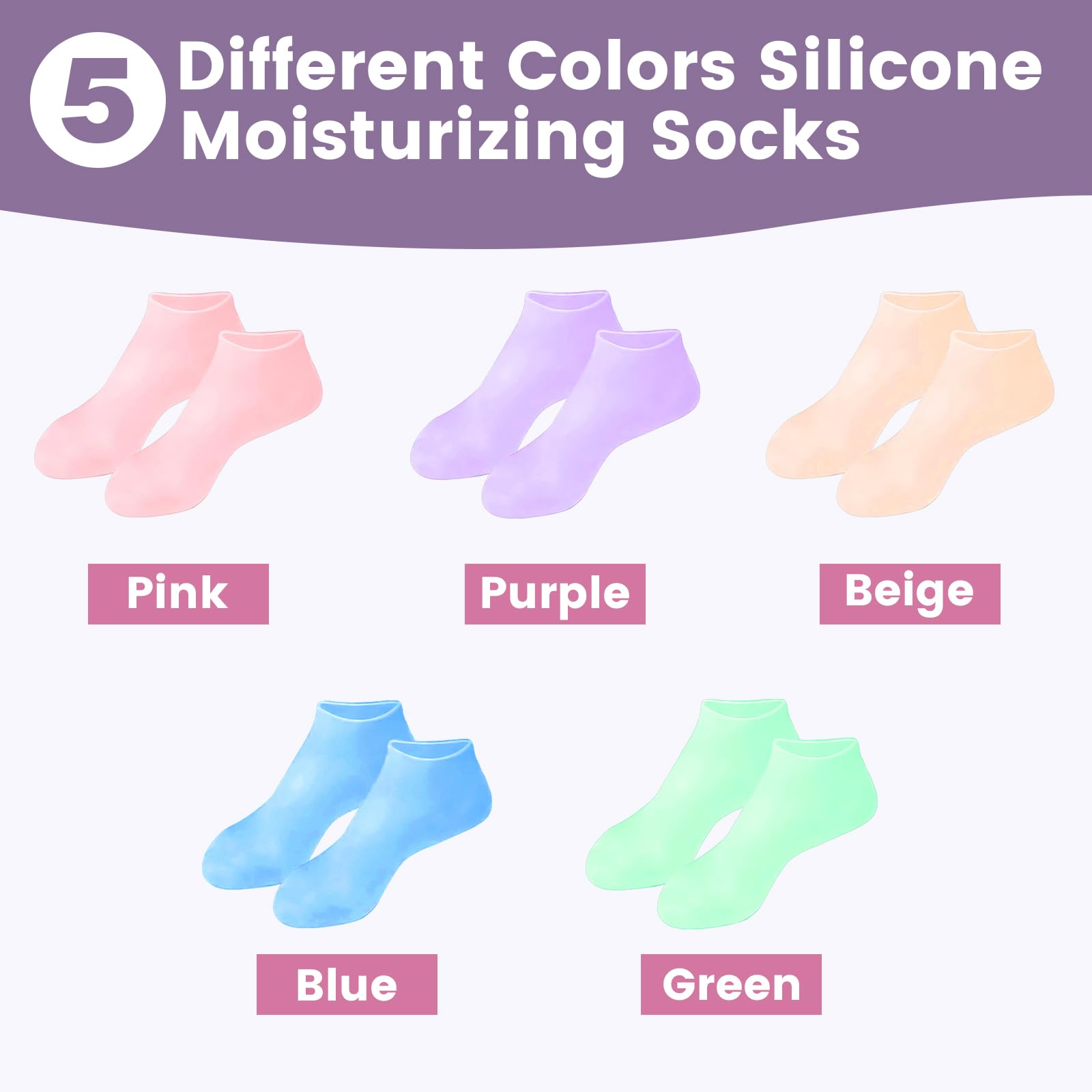 5 Pairs Silicone Socks for Dry Cracked Feet - Women's Moisturizing Foot Socks, Cracked Heel Treatment (5 Colors Assorted, Fits Up to Size 9)