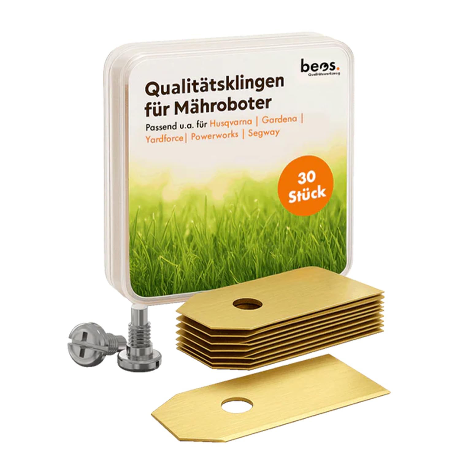 beos 30 x Premium Titan Replacement Blades + Screws – Replacement Blades for Premium Brands Husqvarna, Gardena, Yard Force, McCulloch, Powerworks, Segway – 0.75 mm Blade Thickness - Lawn Mower