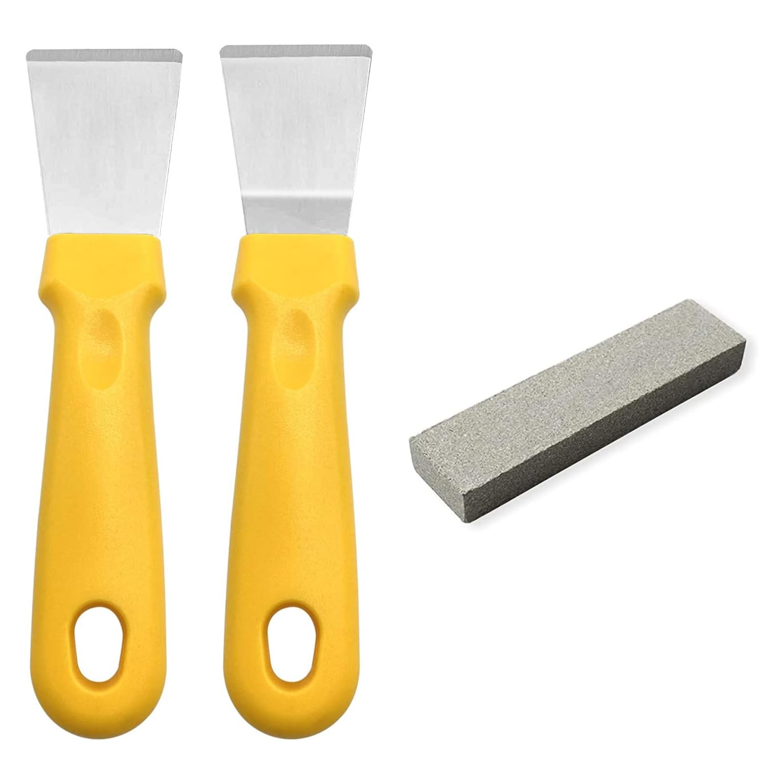 2Pcs Cleaning Scraper for Ovens, Stoves, Induction Hob,Freezer Stainless Steel Multi Kitchen Scraper with Grindstone (Straight Version + Bending Version) (Yellow) — image 1
