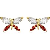 14K Solid Gold Butterfly Earrings Real Gold Butterfly Stud Earrings with Crystal for Women Trendy Anniversary Birthday Christmas Jewelry Gifts for Mom Wife Her