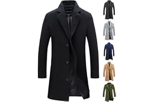 AQAYL Trench Coat Men Single Breasted Wool Blend Coat Mid Length Pea Coat Notch Lapel Jacket Business Casual Overcoat