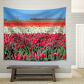 Colorful Tulip Fields and Dutch Windmill in North Holland - Fabric Wall Tapestry Home Decor - 51x60 inches