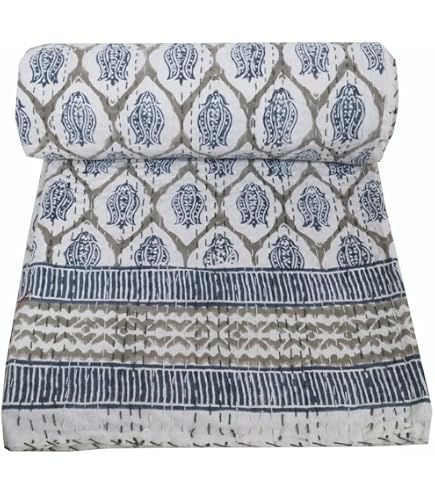 Couvre-lit Indien Kantha - Pur Coton - Fait Main - Motif Forêt Et Animaux - King Size