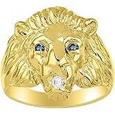 Rylos Lion Head Ring with Gemstone Eyes & Diamond Mouth – Fun Designer Rings in Sizes 8-13 in Yellow Gold Plated Silver