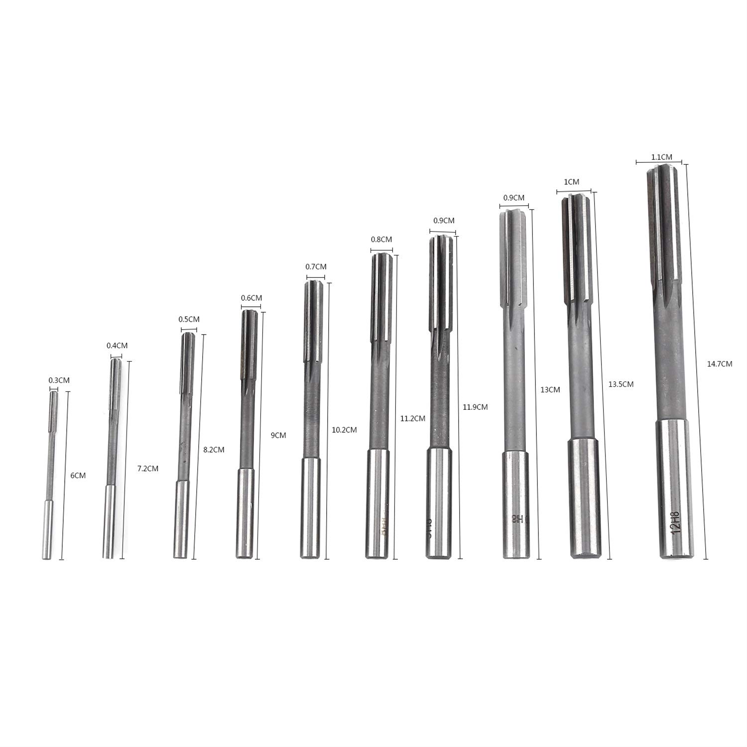 Jadeshay 10Pcs HSS Reamer Set - 3/4/5/6/7/8/9/10/11/12mm HSS H8 Cutter Tool Set Straight Shank Chucking Machine Reamer