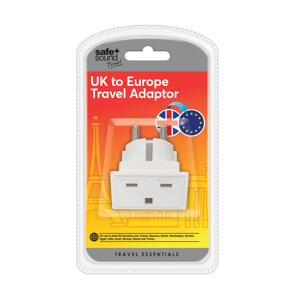 Safe and Sound European Travel Adaptor, Single Socket (full list of countries below)