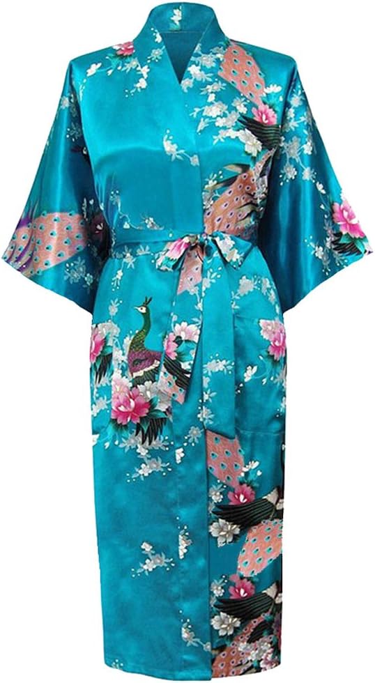 Women's Peacock Kimono Long bathrobes Dressing Gown Japanese Robe Dress Ladies Silk