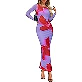 ZESICA Women's Long Sleeve Floral Maxi Dresses 2026 Fall Bodycon Crewneck Side Slit Ruched Fitted Party Long Dress
