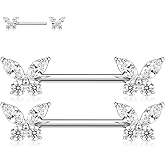 FUNLMO 1 Pair Titanium Nipple Piercing Jewelry Butterfly Cube Zircon Nipple Rings Nipple Barbell Internally Threaded Nipple Bars Bridge Piercing Jewelry