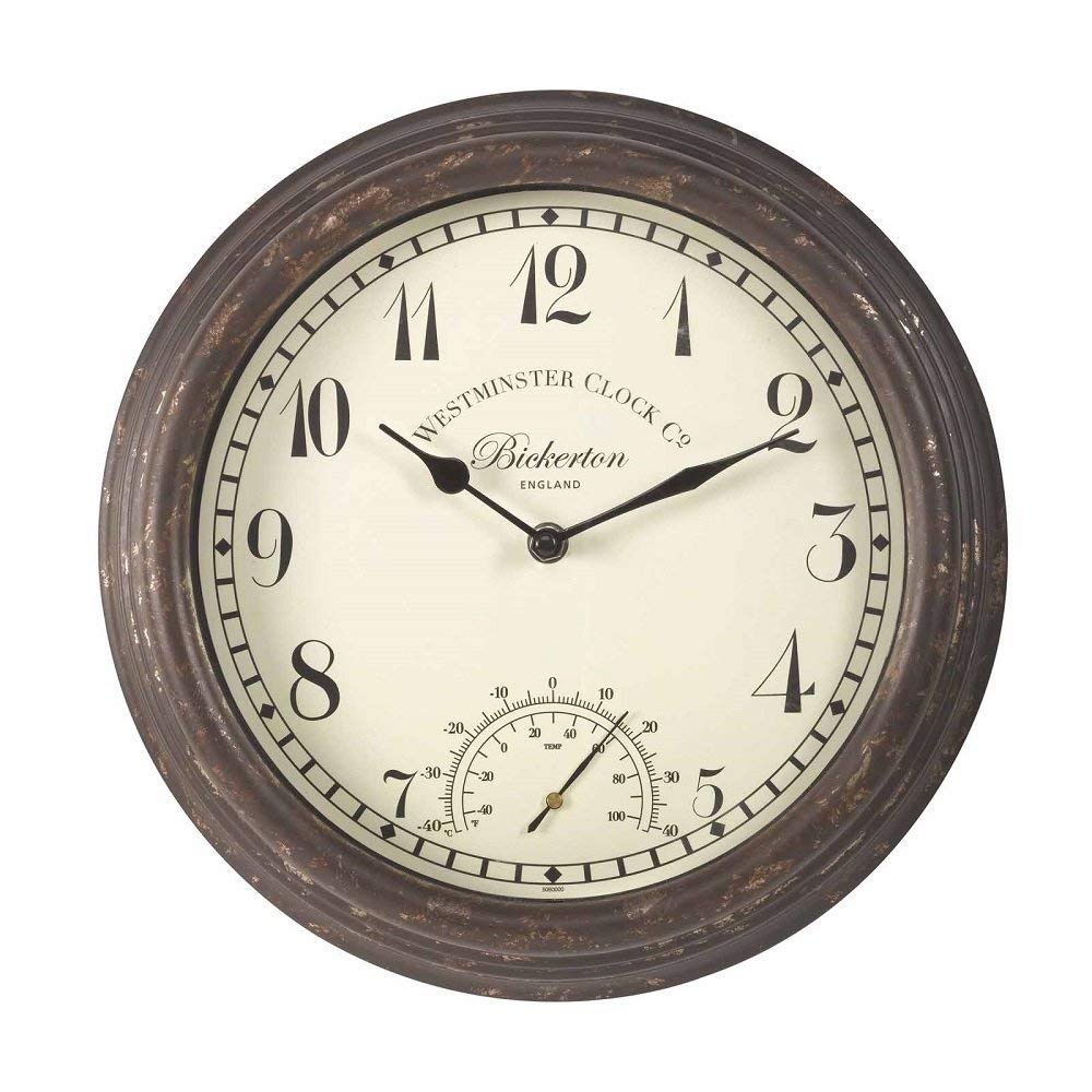 Bickerton Wall Clock and Thermometer, Classic Outdoor/Indoor Design with Large 12 Inch Face. Suitable for Garden, Kitchen, Bathroom and More