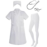 mifengda Nurse Costume for Women White Lab Coat Doctor Costume Halloween Outfit Include Coat Hat Stethoscope Socks Glasses