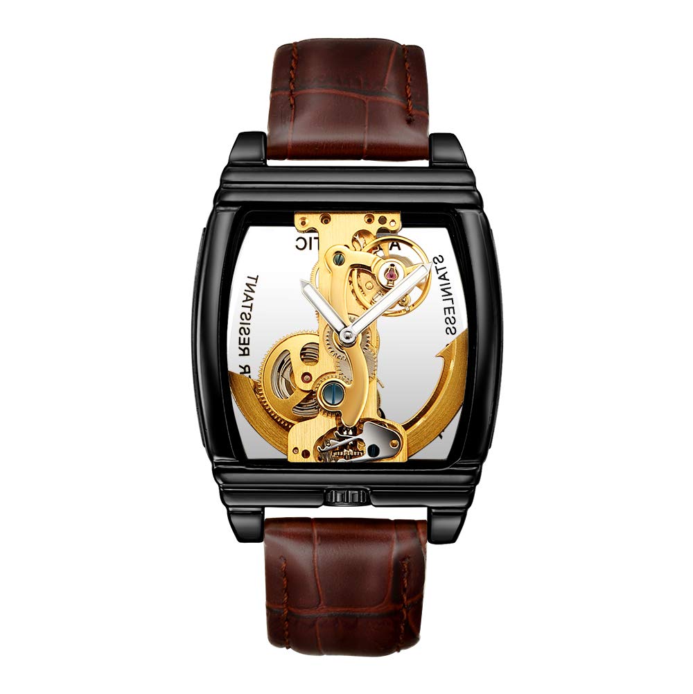 GORBEN Transparent Automatic Mechanical Watch Men Steampunk Skeleton Self Winding Leather Men's Watches (Brown Black)