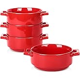 vicrays Ceramic Soup Bowls with Handles, 24 Oz Porcelain Soup Crocks for French Onion Soup, Cereal, Beef Stew, Chill, Pasta, Pot Pies, Microwave and Oven Safe, Set of 4 (Red)
