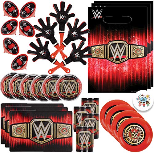 WWE Wrestling Birthday Party Favors and Goodie Bag Fillers Pack For 16 Guests With WWE Flying Discs, Hand Clappers, ID Cards, Maze Puzzles, Prisms, Spinning Tops, Goody Bags, and Pin