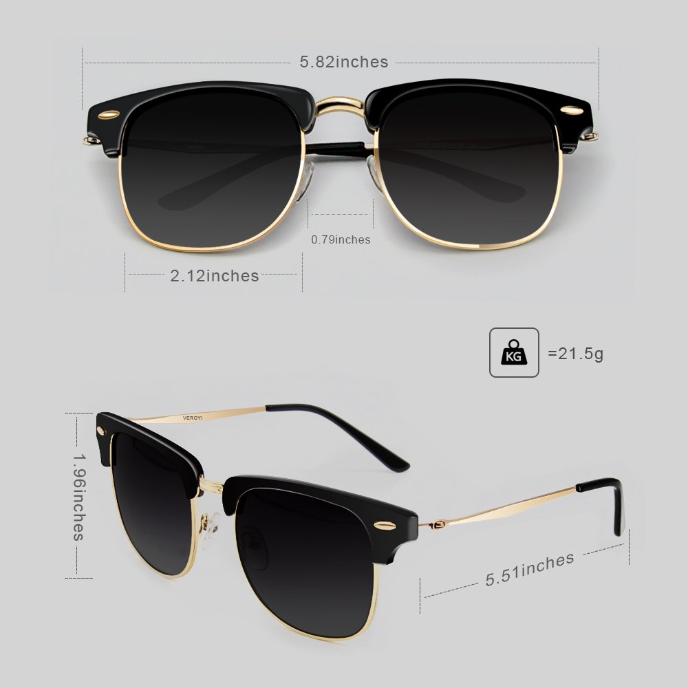 Polarized Sunglasses, Veroyi 8033-C2 Classic Semi-rimless Sun Glasses with HD Polarized Lens for Men, Women, UV400 Protection, Metal Frame & Temple.