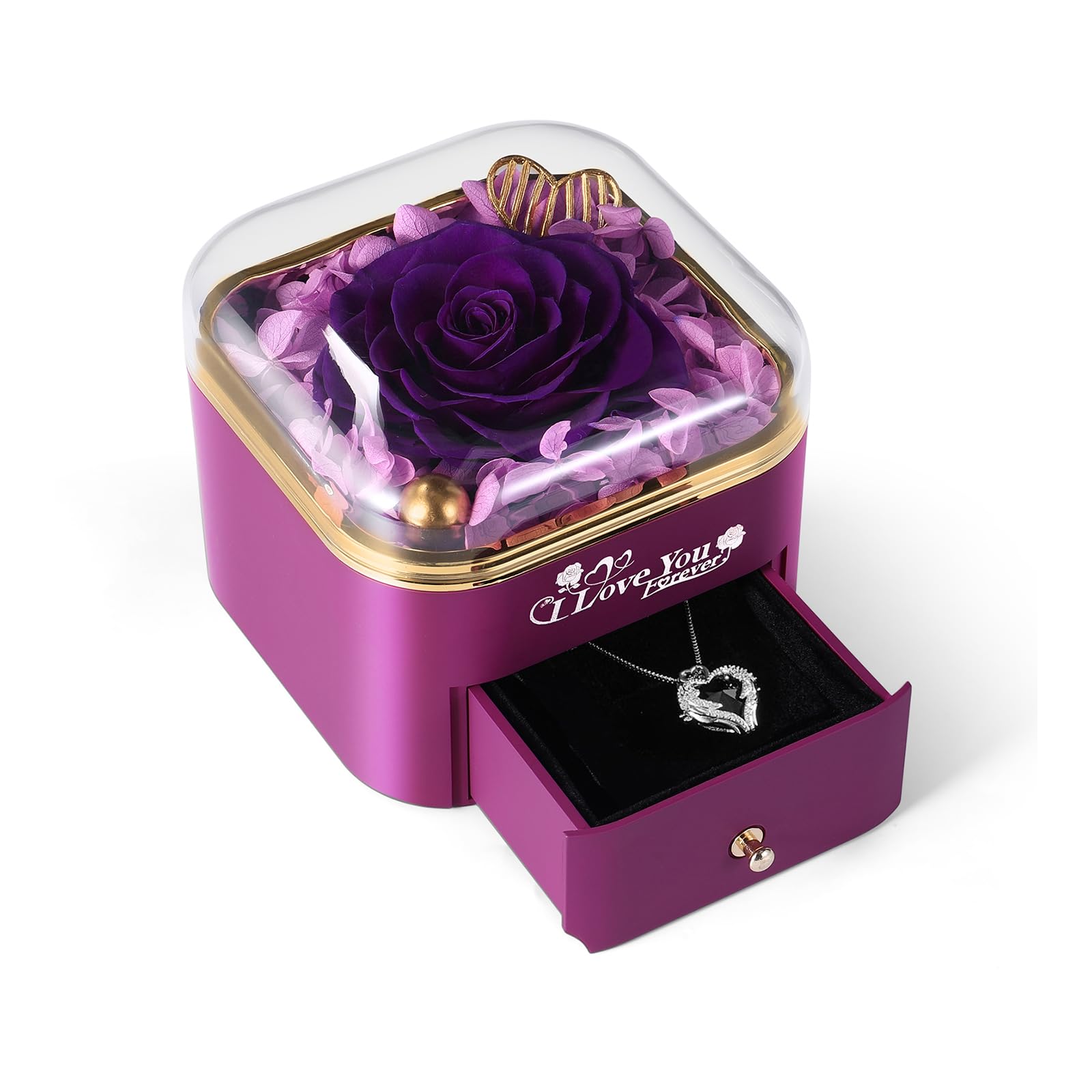 Mikasol Preserved Rose & Heart-Shaped Necklace with Jewelry Box - Preserved Rose, Ideal Romantic Gift for Women, Anniversary, Valentines, Mother’s Day Gifts, Purple, 4.9"x4.5"x4.3"
