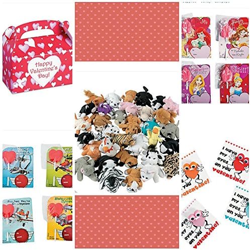 Valentines Day Party Favors for 6 Heart Boxes (6) Plush Animals (6) 3D Glasses with 3D Cards (6) Big Eyes Rings (6) Disney Princess & Plane Candy Cards