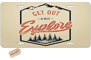 Amcove Camping License Plate, Vintage Adventure Word Get Out and Explore with Trees Novelty License Plate Decorative Front Plate,6 X 12 Inch