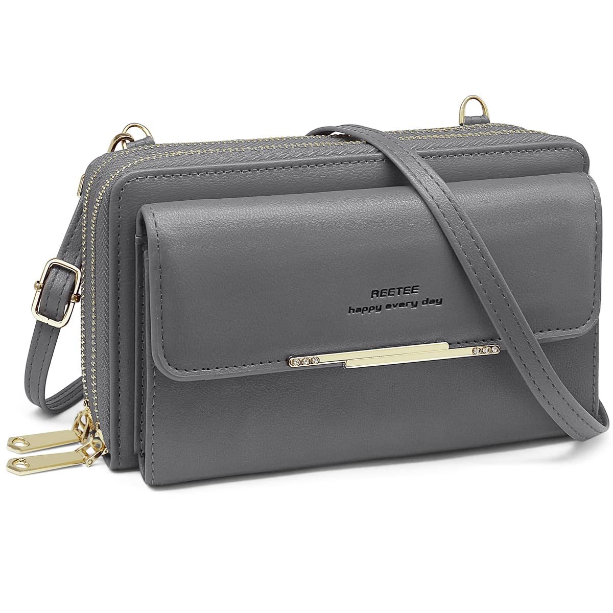 REETEE Crossbody Phone Bag for Women RFID Blocking Small Cellphone Cross body Shoulder Bag Phone Purse with 24 Card Slots Ladies Wallet with Shoulder Strap (grey)