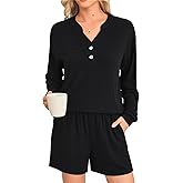 Braroz Womens Ribbed Knit 2 Piece Lounge Sets Outfits Long Sleeve Top and Shorts Pajama Sets Loungewear with Pockets