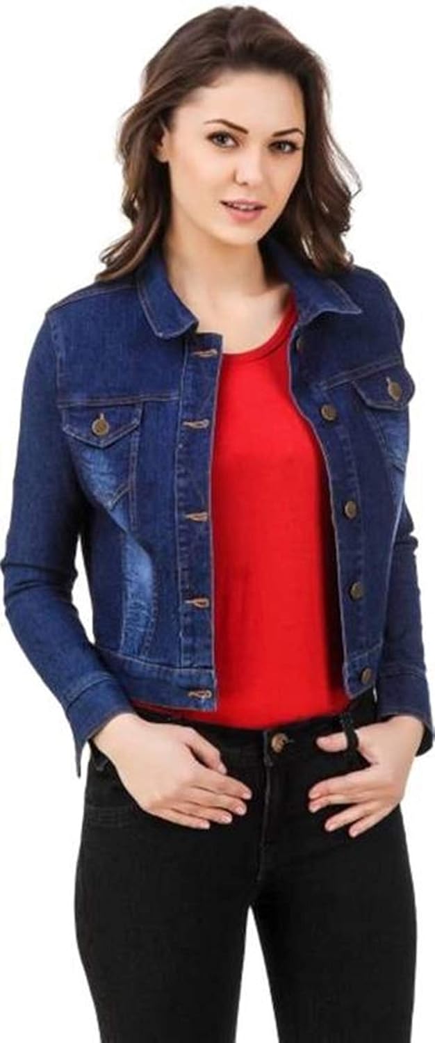 c.cozami full sleeves denim blue jacket for women