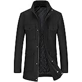 SOMTHRON Men's Wool Blend Trench Coat Stand Collar Zip Up Mid Long Winter Quilted Lined Peacoat Overcoat with Pockets