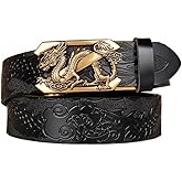 Lyqqine Men's Leather Ratchet Belt Ethnic Style Buckle Retro Personality Dragon Carved Casual Business Belt 49" Trim To Fit