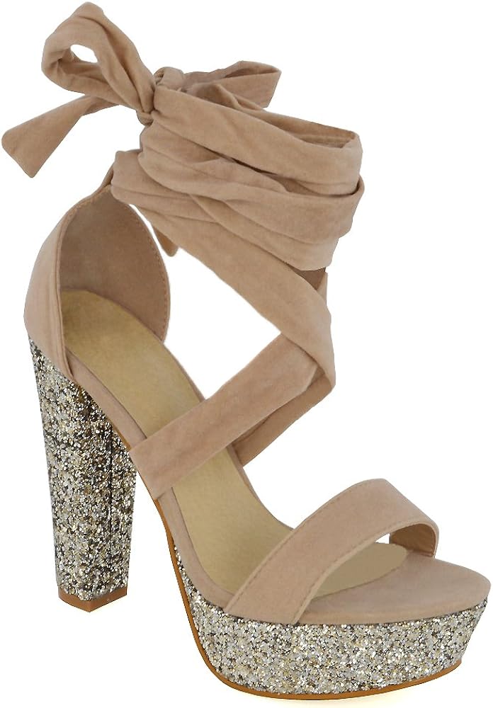 ESSEX GLAM Womens Lace Up Glitter Heel Platform Pastel