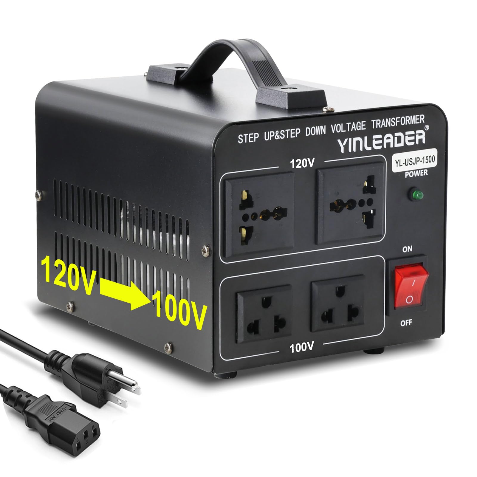Photo 1 of Yinleader 1500W Japanese Voltage Converter - Step Down 120V to 100V or Step Up 100V to 120V, Includes US Power Cord for Medium-Power Appliances