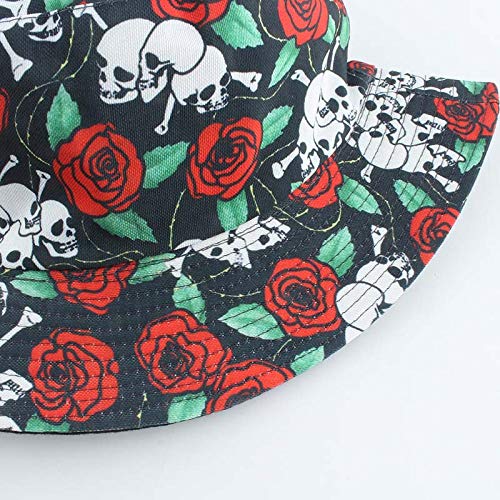 WSKWEIJ Fischerhut,Mode Fishermant Hut Harajuku Schädel Und Rose Floral Print Eimer Hut Für Frauen Männer Reversible… – Bild 4