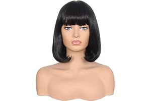 morvally Short Straight Bob Wig Heat Resistant Hair with Blunt Bangs Natural Looking Cosplay Costume Daily Wigs (14", 2# Black)