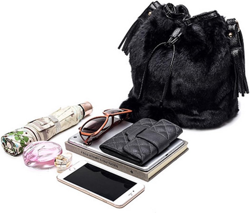 Millya Winter Women Shoulder Bag Faux Fur Drawstring Bucket Bag Plush Fluffy Handbag Tassel Crossbody Bag - Image 4