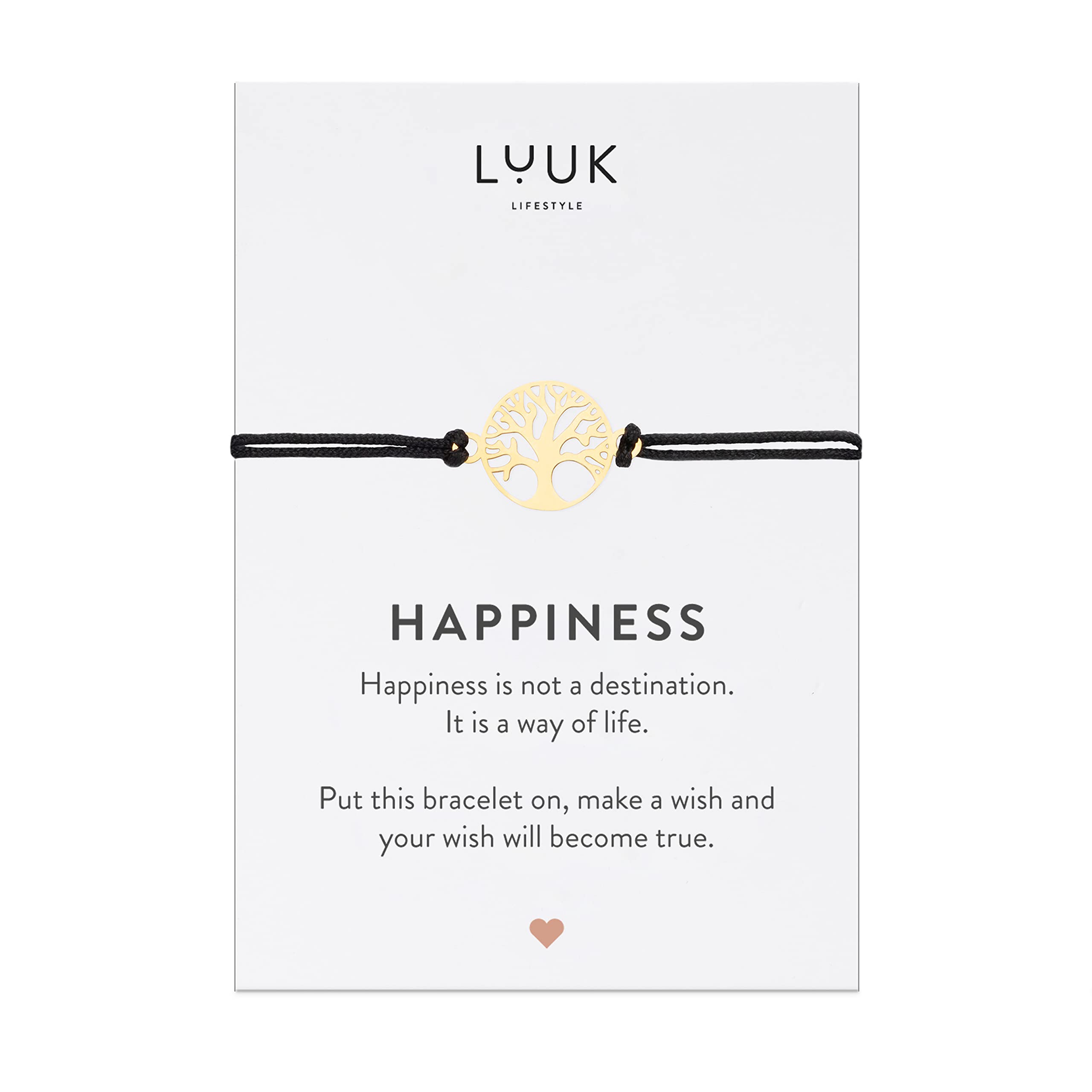 LUUK LIFESTYLE Filigree bracelet with Tree of life pendant and HAPPINESS gift card, lucky charm, friendship symbol, gift idea, jewelry, lucky charm, stainless steel woven bracelet, black, gold