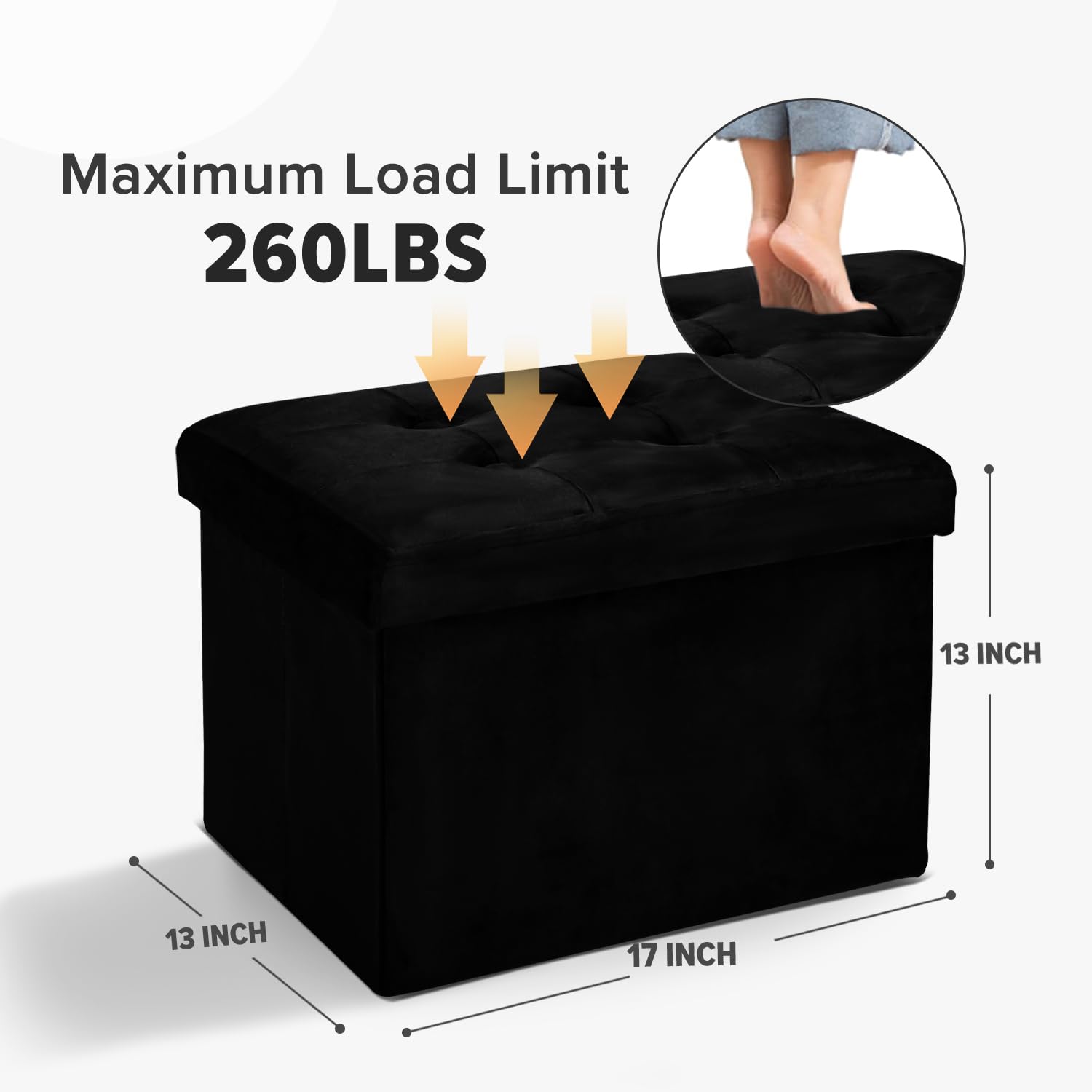 LINMAGCO Storage Ottoman Folding Foot Stool Velvet Ottoman Foot Rest with Padded Modern Ottoman with Storage for Living Room Puppy Step Stool 17x13x13in(Black) - Image 2