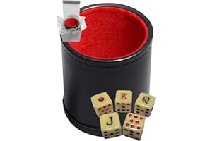 Cyber-Deals Set of Dice Cup Black PU Leather w/Plush Red Felt Lined + Spanish Poker Dice Bone Tone (Gift Boxed)