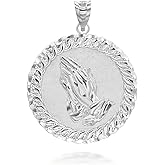 Claddagh Gold Solid 925 Sterling Silver Praying Hands Cuban Link Round Frame Pendant Necklace and Pendant Only