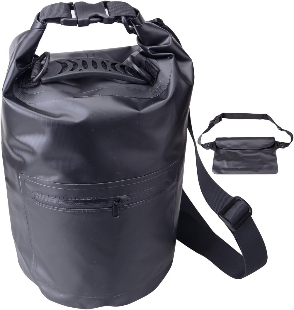 Aojiao Waterproof Dry Bag with Zipper Pocket and Handle Roll Top Closure Shoulder Strap Premium Large Capacity Waist Pouch for Kayaking Beach Rafting Boating Hiking Camping and Fishing(10L Black)