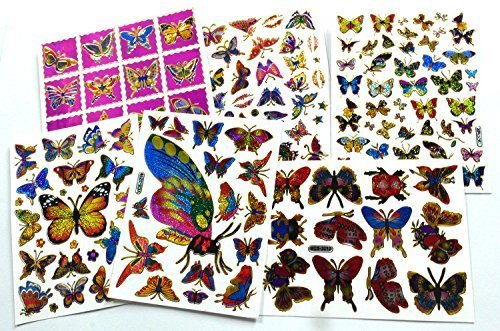 Butterfly002 - 6 Sheets of Butterfly Stickers - Animal Scrapbook Stickers - Reflective Stickers - Animal Stickers for Kids - Size 4 x 5.25 Inch./Sheet