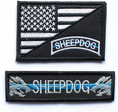 2pcs Bundle - Sheepdog thin blue line Tactical Morale Patch with backing Decorative Embroidered (Black)