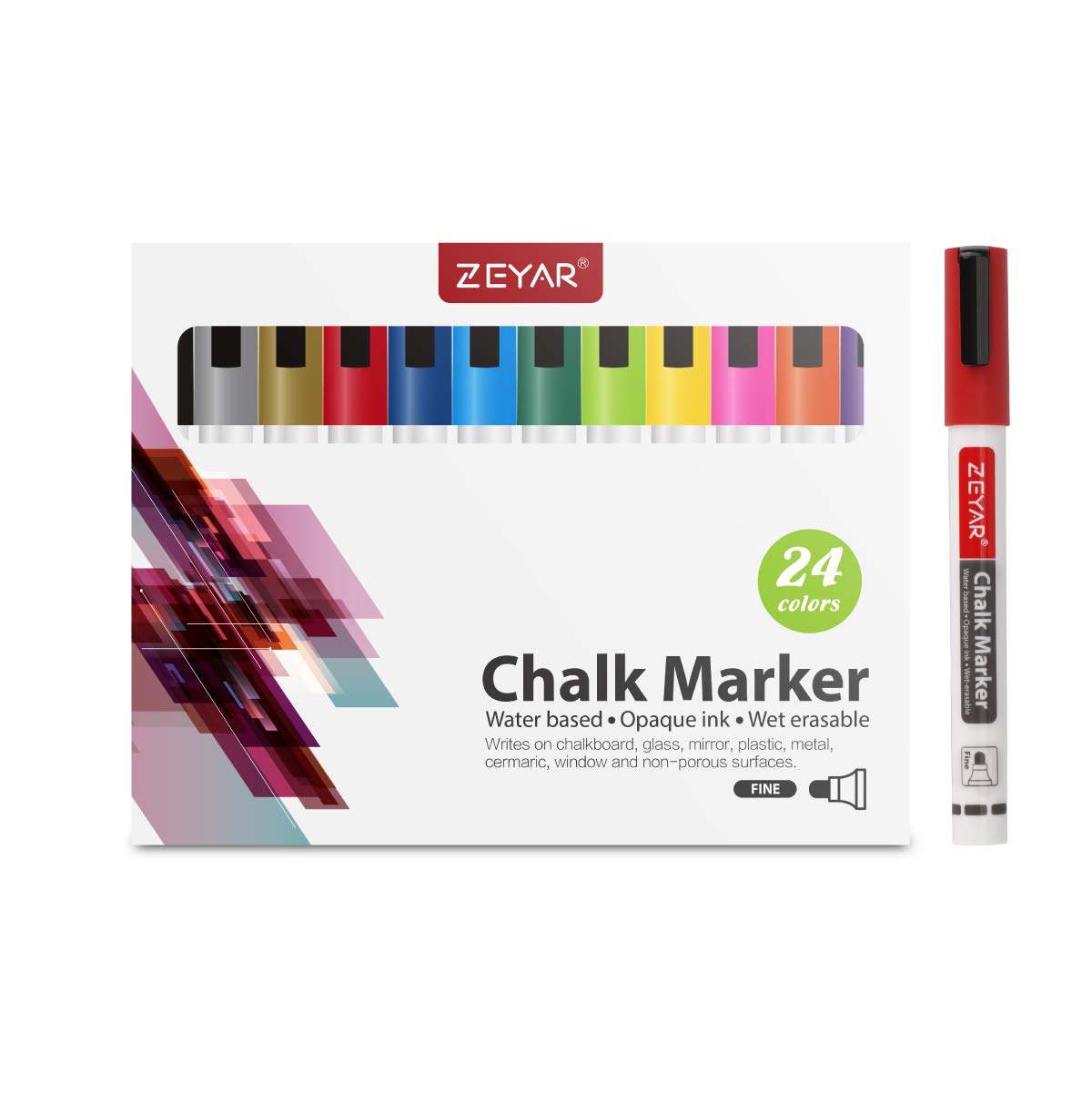 ZEYAR Liquid Chalk Marker-Wet Erase Marker, 24 Colors, 1.2mm Fine Tip for Detailed Drawing, Writes on Nonporous Chalkboards, Bistro Boards, Windows, Plastic and more (24 Colors)