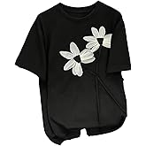 SweatyRocks Women's Floral Applique T Shirt Short Sleeve Crew Neck Casual Summer Tee Shirts