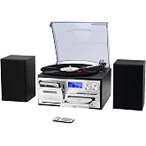 MUSITREND 10 in 1 Record Player with External Speakers, Timeless Vintage Style &amp; Rich Stereo Sound, Two-Way Bluetooth, 3-Speed Turntable, CD, Cassette, AM/FM Radio, USB/SD, Remote Control, Black
