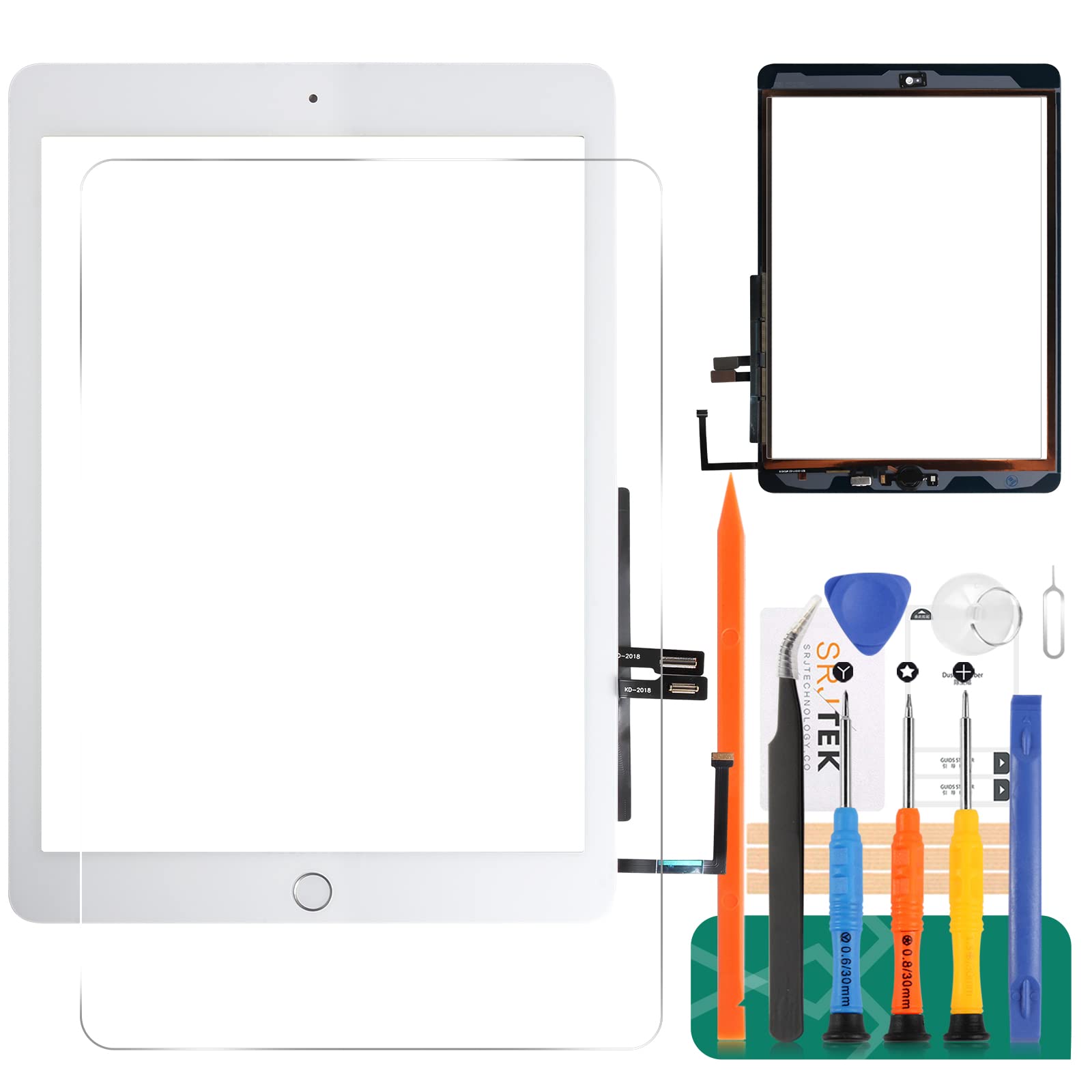 For IPad 9.7 2018 A1893 A1954 Touch Screen Digitizer Glass Replacement,For iPad 2018 A1893 A1954 Touch Display Panel Repair Parts Kit,with Tempered Glass+Tools+Home Button(Not include LCD) (White)
