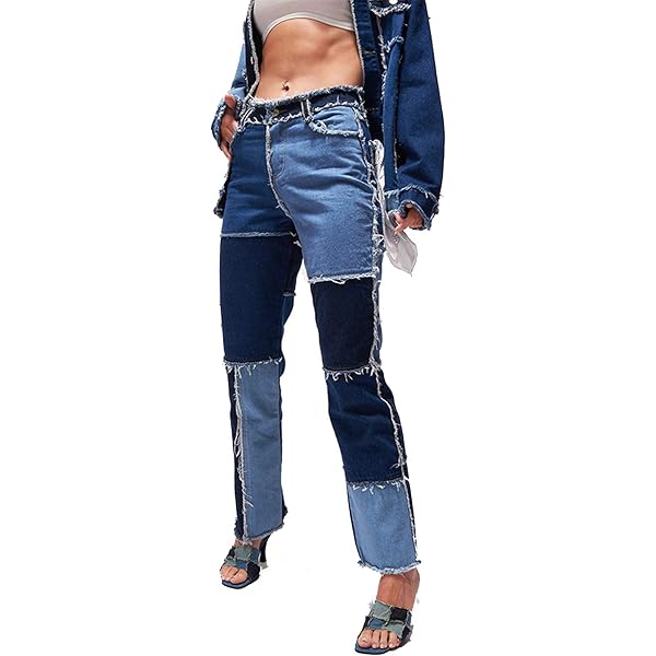 Women’s High Waist Straight Leg Patch Denim Pants – Distressed, Fuzzy Edge, Retro Hippie Style Jeans