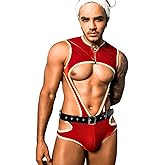 ChiaoLezhee Sexy Santa Claus Costume For Men, Exotic Christmas Lingerie 3 Piece Set, Xmas Velvet Hat Bodysuit Outfits