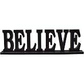 Wood Believe Sign Home Decoration Table Standing Wooden Block Letter Signs | Cutout Word Decor Table Centerpieces Rustic Shelf House Living Room Fireplace Mantel Decor Black